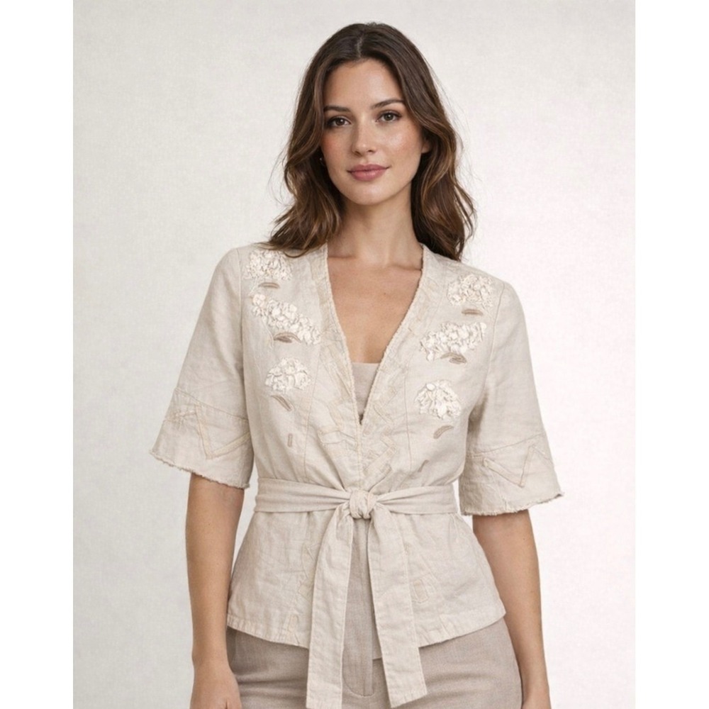 Elie Tahari Womens Small Cream Tan Embroidered Jacket Neutral